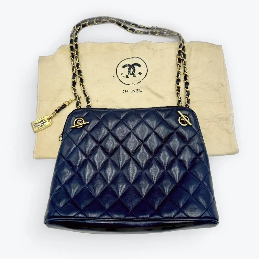 Auth Chanel Mademoiselle Navy Blue Polished Matelasse Quilted Shoulder Bag - Picture 2 of 16